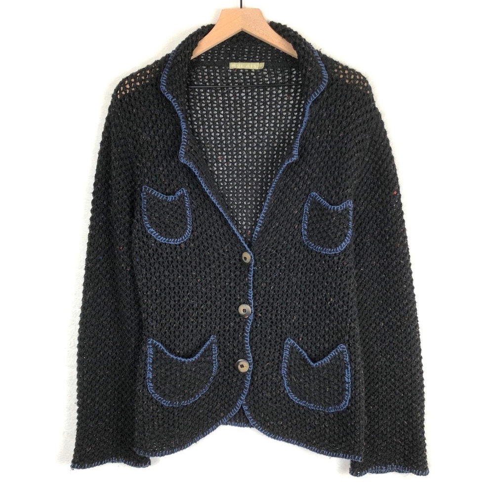 RELAIS Crochet Loose Knit Coatigan Sz L Black &‎ Blue Button Up Cardigan Sweater